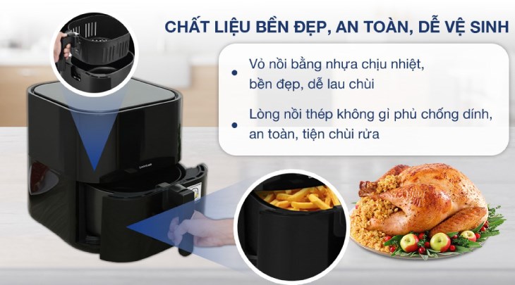 Nồi chiên không dầu Lock&Lock EJF996BLK 5.5 lít có lòng nồi bằng thép không gỉ phủ chống dính, giúp bạn dễ lau chùi hơn