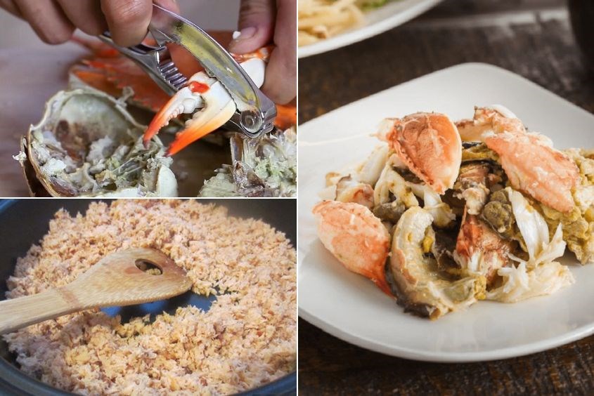 Xào thịt cua trước khi nấu cháo cua đậu xanh cho bé