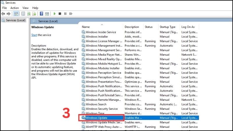 Trong cửa sổ Services, chọn mục Windows Update ở phía bên phải