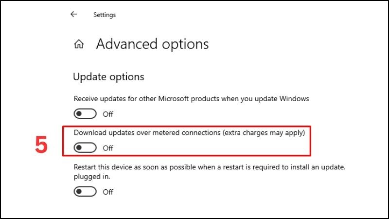 Chuyển thiết lập Download updates over metered connections từ trạng thái On sang Off