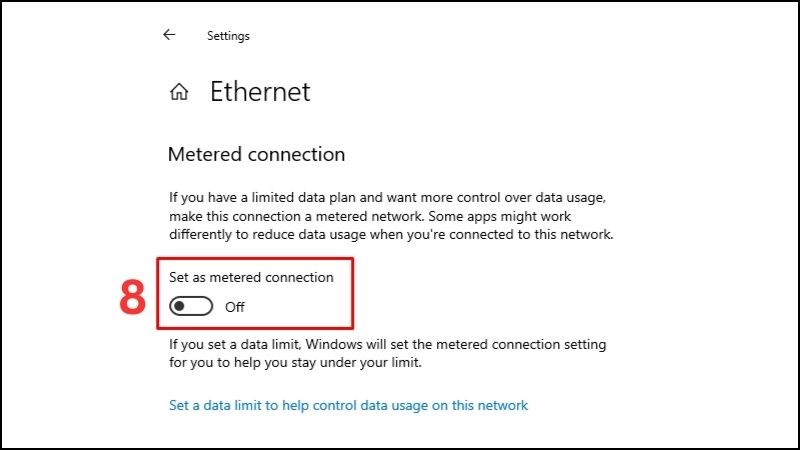 Chuyển thiết lập Metered connection sang trạng thái On