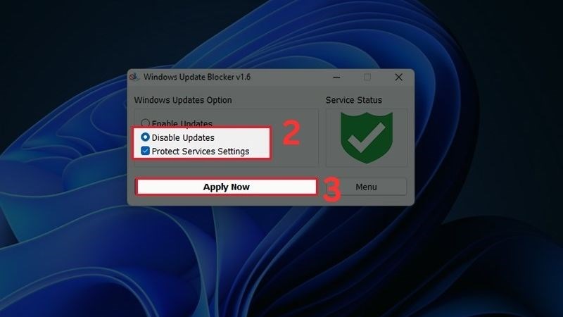 Chọn Disable Update và nhấp Apply Now