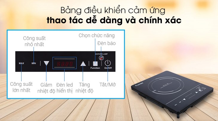 Bếp hồng ngoại Rapido RC2000ES sử dụng bảng điều khiển cảm ứng, màn hình hiển thị 4 số rõ ràng, thao tác dễ dàng và chính xác