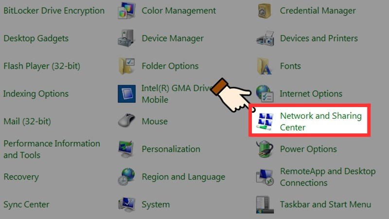 Mở Network and Sharing Center