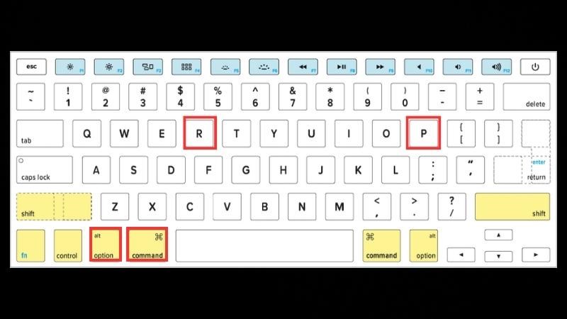Nhấn các phím Option + Command + P + R và giữ trong 20 giây