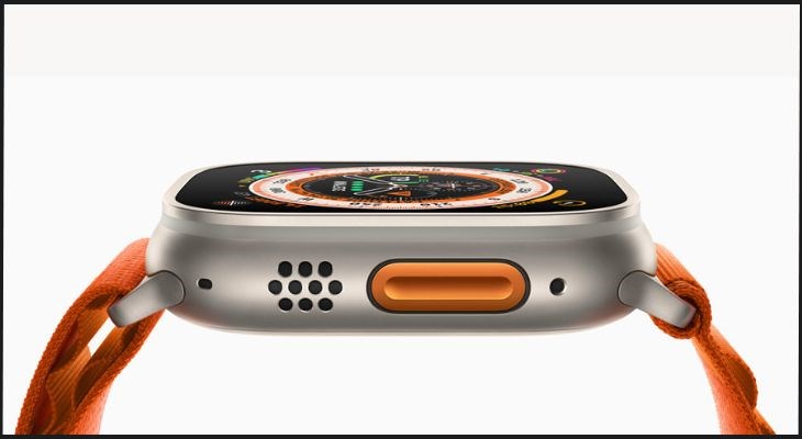 Apple Watch Ultra nổi bật với nút Action màu cam ngay cạnh phải của đồng hồ