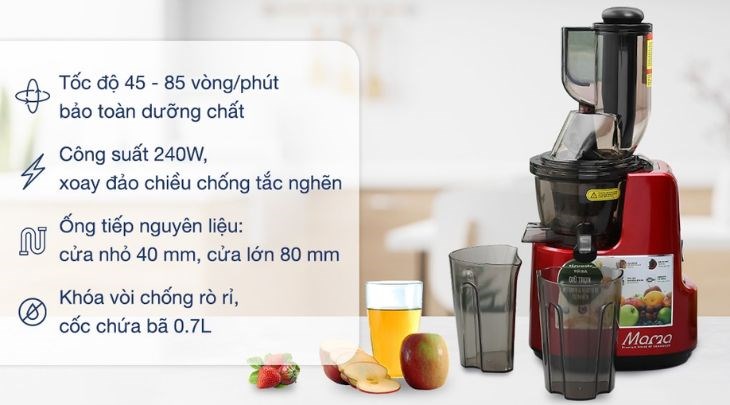 Máy ép chậm Sunhouse Mama SHD5505 có gam màu đen đỏ bắt mắt, làm nổi bật căn bếp nhà bạn