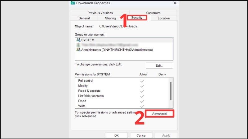 Chọn tab Security, sau đó nhấn Andvanced