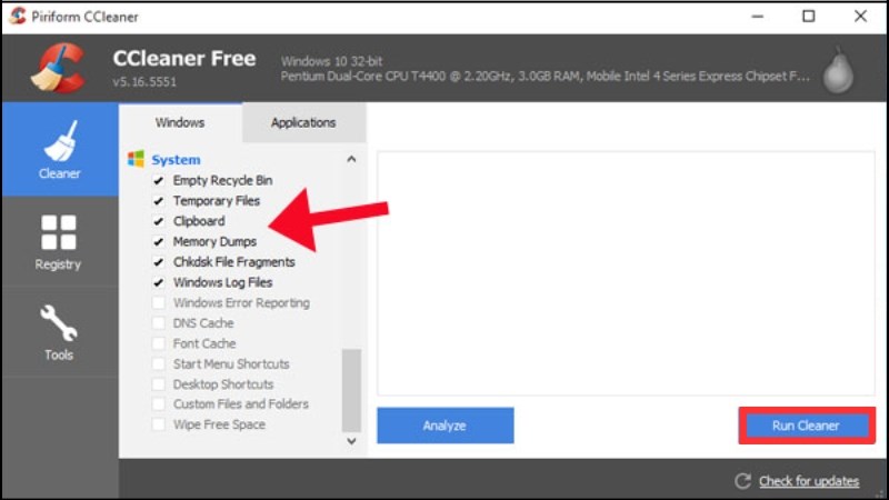 Chọn CCleaner sau đó nhấn Run Cleaner Chọn CCleaner sau đó nhấn Run Cleaner