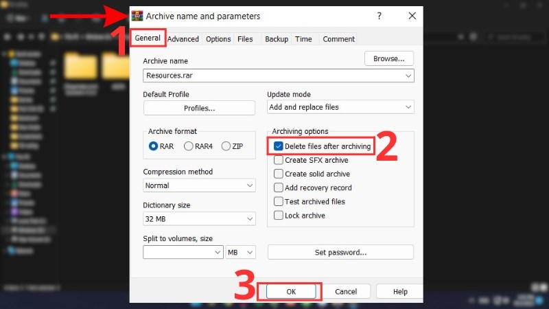 Chọn Delete files after archiving