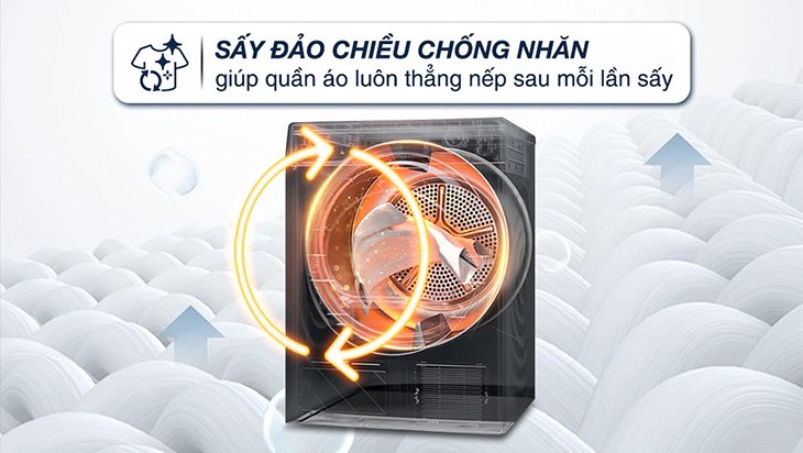 Máy sấy thông hơi Aqua 8 kg AQH-V800H SS trang bị công nghệ sấy đảo chiều chống nhăn và hạn chế hư hại áo quần