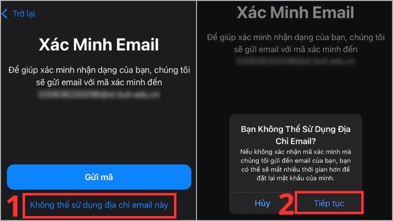 Chọn Không thể sử dụng địa chỉ email này > Nhấn Tiếp tục