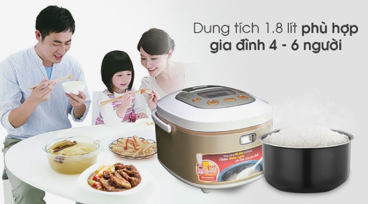 Nồi cơm điện tử Sharp 1.8 lít KS-TH18-GL với dung tích 1.8 lít, đáp ứng đủ cơm cho 4 - 6 người ăn