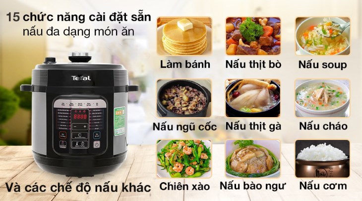 Nồi áp suất điện Tefal CY601868 6 lít với 15 chức năng đa dạng được cài đặt sẵn, cho phép bạn linh hoạt nấu theo sở thích