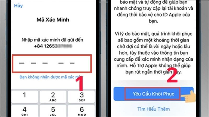 Nhập mã xác nhận > Chọn mục Yêu cầu khôi phục