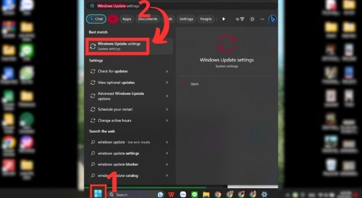  Người dùng nhập và tìm kiếm Windows Update setting