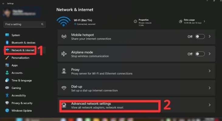 Sau đó chọn tiếp Advanced Network Settings trong Network & Internet