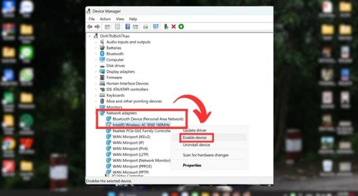 Người dùng chọn Enable Device để bật lại Network Adapter