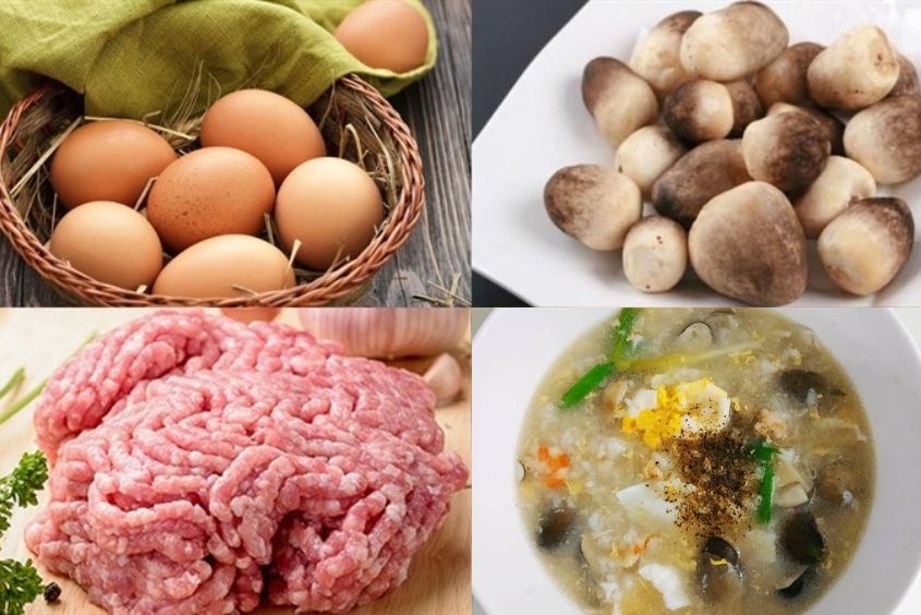 Nấu món cháo thịt heo nấm rơm cho bé với trứng gà