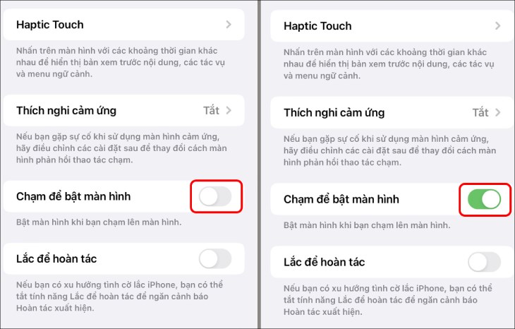  Bạn hãy nhấn nút gạt qua trái để tắt chạm sáng màn hình iPhone