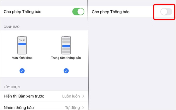  Tắt mục Cho phép Thông báo.