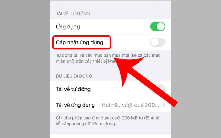  Tắt mục Cập nhật ứng dụng