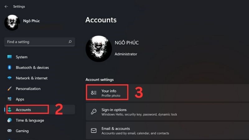 Nhấn vào mục Accounts ở menu bên trái > Chọn Your Info