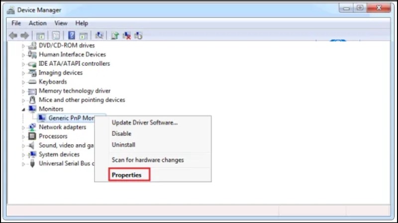 Chọn Properties trong mục Generic PnP Monitor