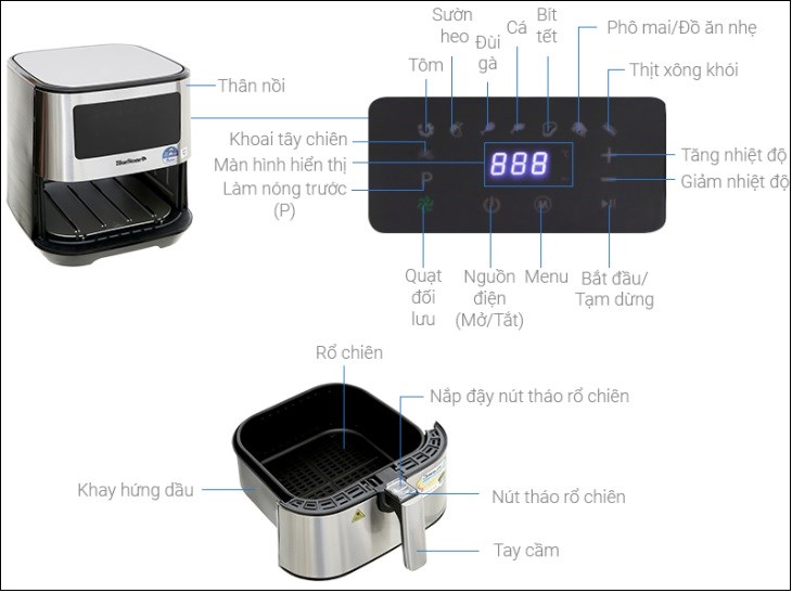 Nồi chiên không dầu BlueStone AFB-5878 5.5 lít có bảng điều khiển cảm ứng với nhiều nút chức năng tiện lợi