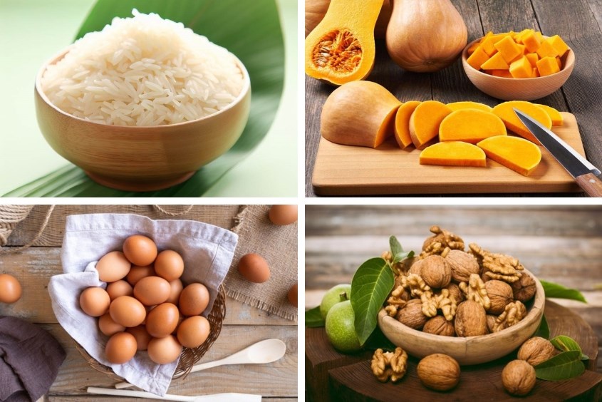 Nấu cháo bí đỏ trứng gà cho bé 6 tháng cùng hạt óc chó