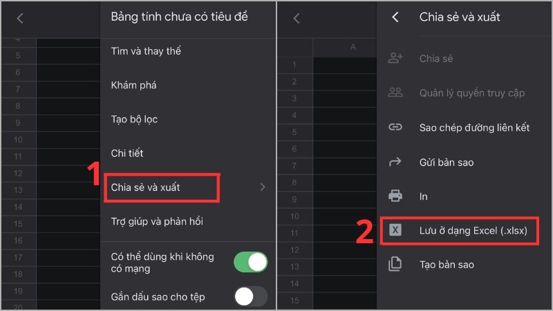 Chọn chia sẻ và xuất để lưu ở dạng Excel