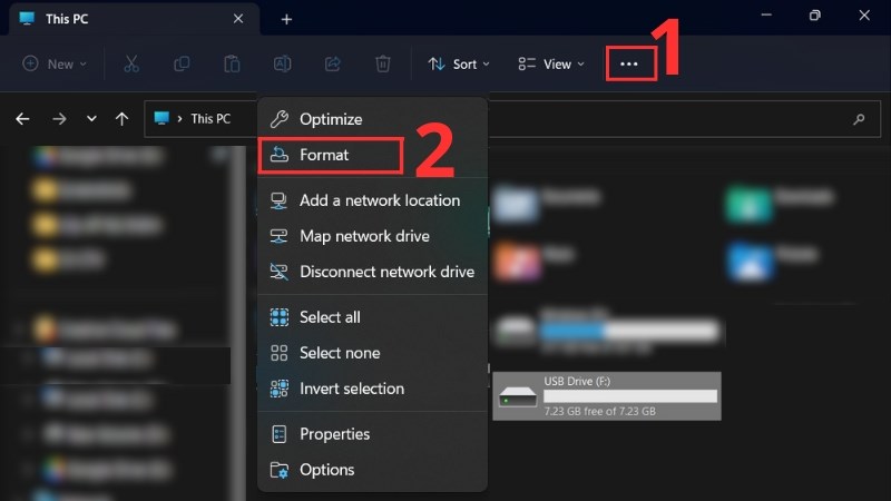 Chọn ổ đĩa USB > Chọn biểu tượng dấu ba chấm > Chọn Format