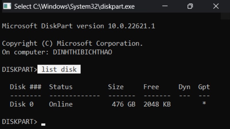 Gõ dòng lệnh list disk > Nhấn Enter