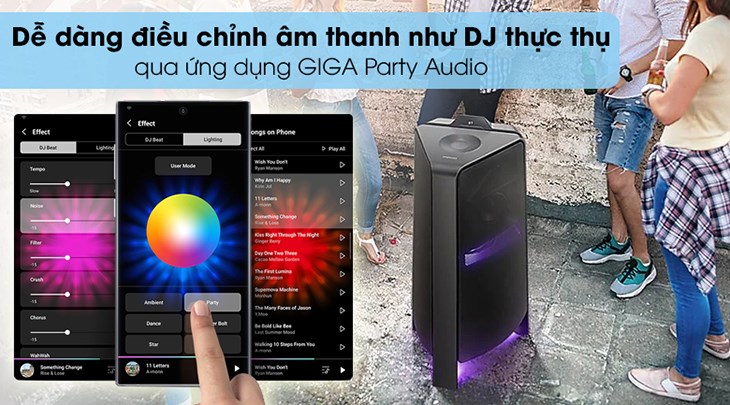 Loa tháp Samsung MX-T70 trang bị ứng dụng GIGA Party Audio giúp điều chỉnh mọi chức năng trên điện thoại dễ dàng