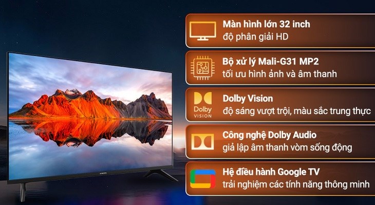 Google Tivi Xiaomi A 32 inch L32M8-P2SEA sở hữu màn hình 32 inch, có độ phân giải HD cho hình ảnh hiển thị rõ nét