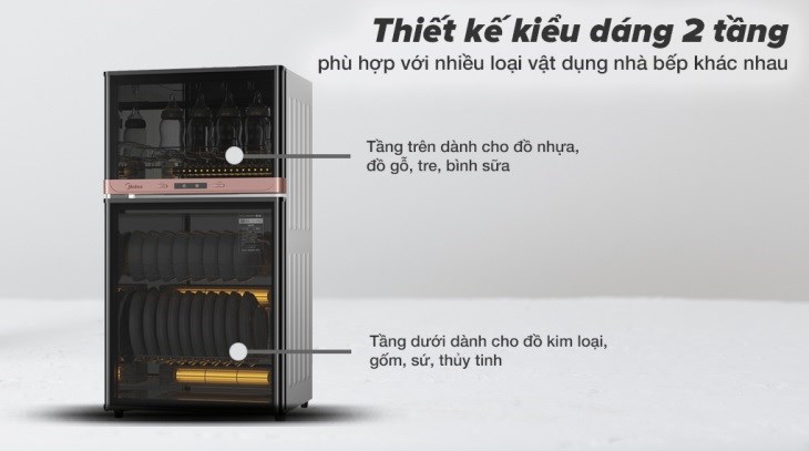 Máy sấy chén Midea MXV-ZLP80XC65-R có thiết kế 2 tầng, phù hợp sử dụng trong gia đình