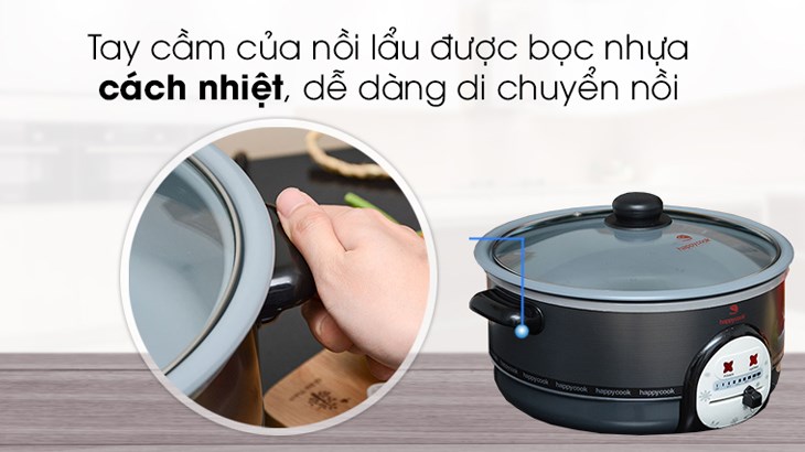 Nồi lẩu điện Happycook có tay cầm cách nhiệt, chống nóng, bỏng tay khi di chuyển nồi