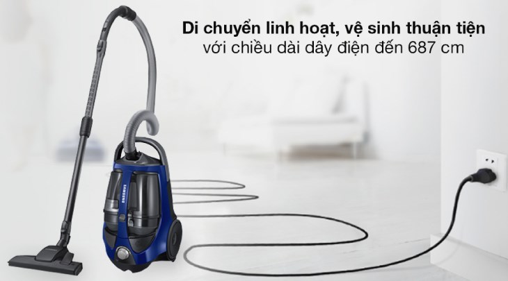 Máy hút bụi dạng hộp Samsung VCC8836V36/XSV sở hữu dây điện 687cm có khả năng tự động thu gọn, tiện lợi cho việc bảo quản