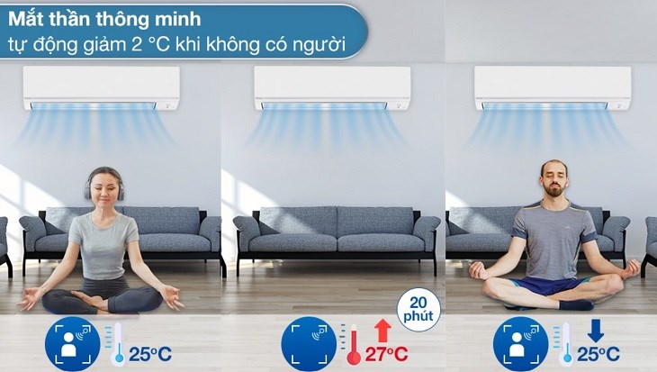 Mắt thần thông minh tiêu chuẩn có thể tự động tăng hoặc giảm nhiệt độ, giúp máy lạnh Daikin sử dụng tiết kiệm điện hiệu quả
