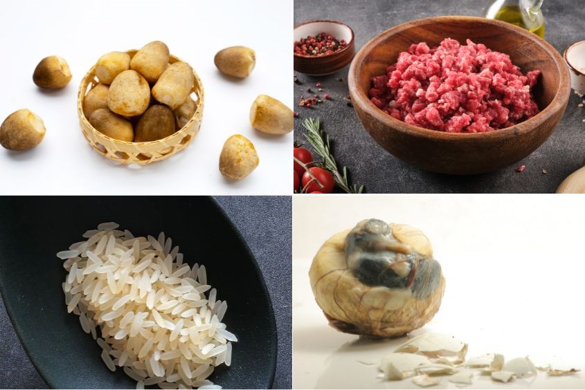 Nguyên liệu nấu cháo trứng vịt lộn cho bé với nấm rơm, thịt bằm