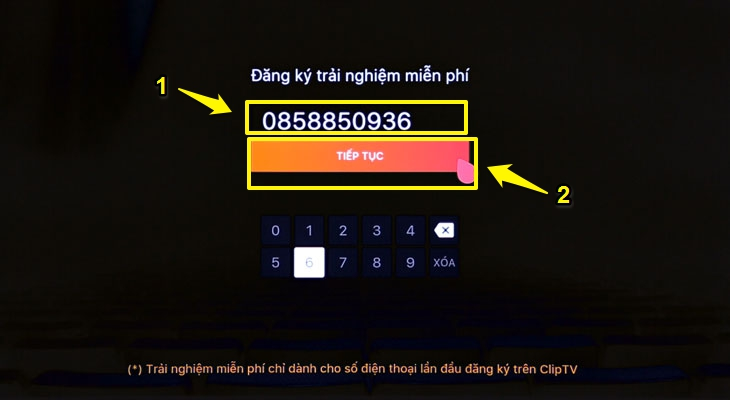 Bạn nhập số điện thoại (1) của bạn vào bằng cách chọn lần lượt các chữ số ở bảng và nhấn OK để nhập, sau đó nhấn 