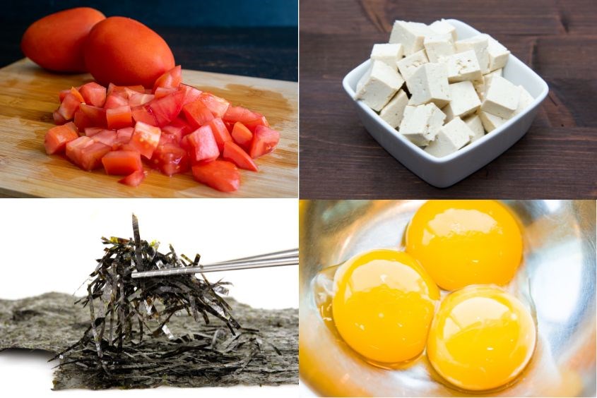 Các nguyên liệu nấu cháo trứng cà chua cho bé ăn dặm với rong biển