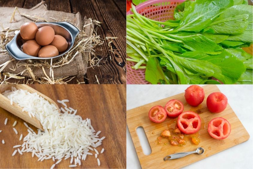 Các nguyên liệu nấu cháo trứng cà chua rau cải cho bé
