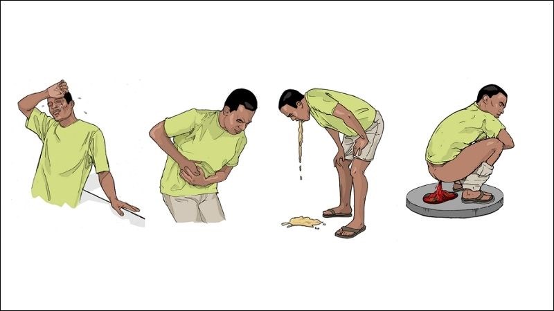 Đau đầu, đau bụng, nôn, đặc biệt tiêu lỏng nặng kèm nhầy máu gợi ý bệnh lỵ