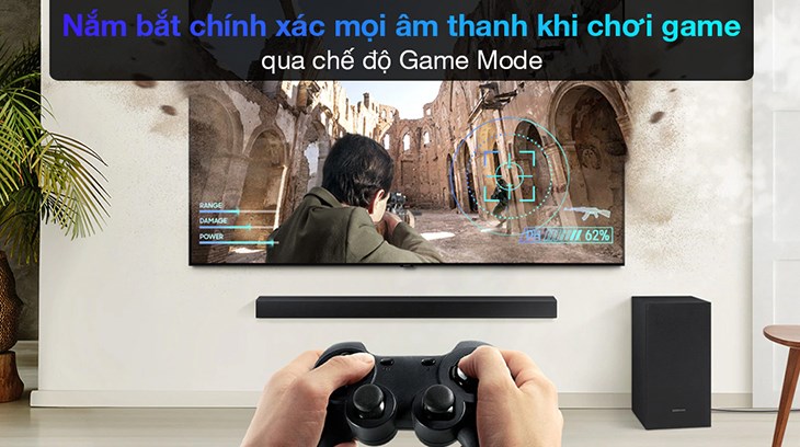 Loa thanh Samsung HW-T420 có thiết kế bắt mắt, chế độ Game Mode giúp tận hưởng âm thanh chân thật trong những ván game