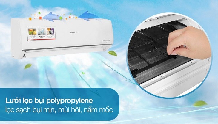 Lưới lọc bụi trên máy lạnh Sharp Inverter 1 HP AH-X10ZEW bị tắc nghẽn có thể làm ảnh hưởng đến hiệu quả làm mát của thiết bị