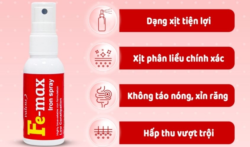 Lọ xịt Valens Fe-max bổ sung sắt, hỗ trợ tạo máu 50 ml (từ 1 tuổi)
