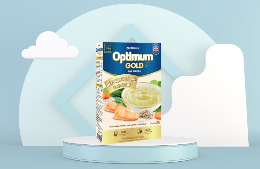 Bột ăn dặm Optimum Gold yến mạch, cá hồi và rau xanh hộp 200g (7 - 24 tháng)