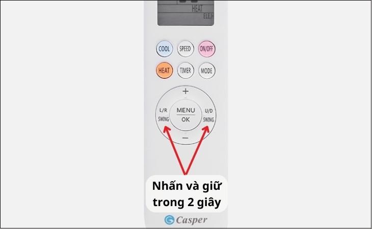 Bạn nhấn cùng lúc 2 nút đảo gió ngang và đảo gió dọc để mở khóa remote máy lạnh Casper dòng Model HC – LC