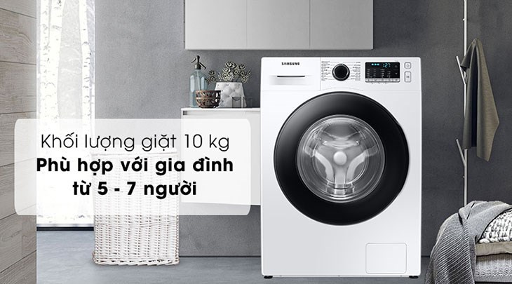Máy giặt Samsung Inverter 10kg WW10TA046AE/SV có khối lượng giặt là 10 kg phù hợp với những gia đình đông thành viên khoảng 5 - 7 người